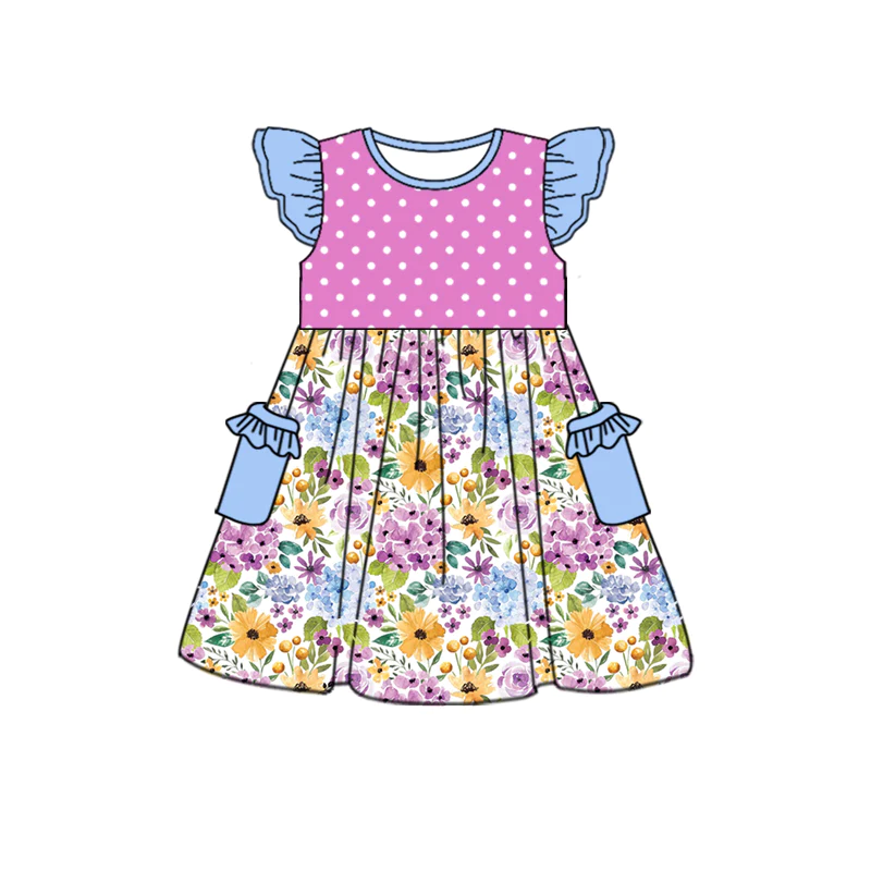 Moq 3 Pre-order GSD1015 Baby Girl Short Sleeves Floral Pocket Summer Dress