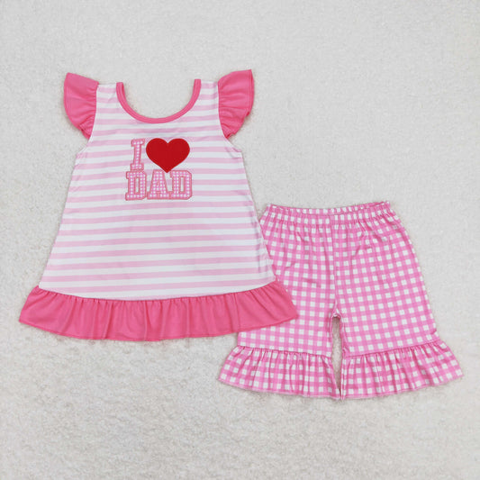 Baby Girl Short Sleeves Embroidery I Love Dad Stripes Tops Pink Plaid Shorts Set