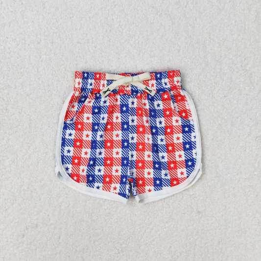 Baby Girl Summer Red Blue Plaid Stars July 4th Shorts