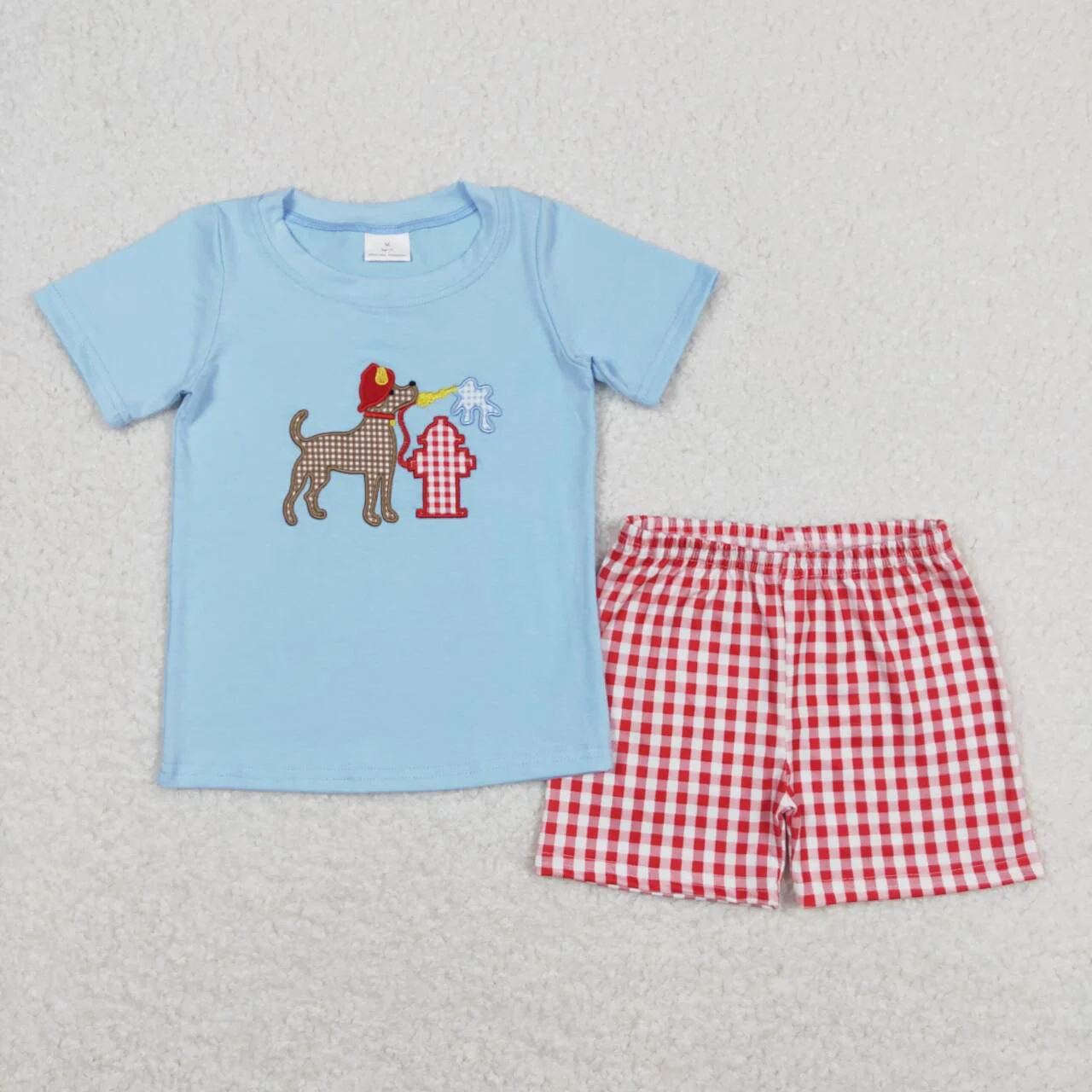 Baby Boy Short Sleeves Embroidery Fire Dog Shirt Plaid Shorts Set