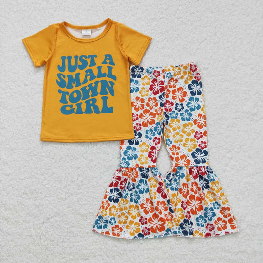 GSPO0926 Baby Girl Short Sleeves Just A Small Town Girl Shirt Floral Bell Pants Outfit