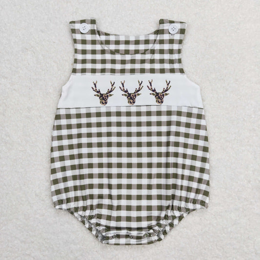 Baby Boy Sleeveless Camo Deer Green Plaid Bubble Summer One Piece Romper