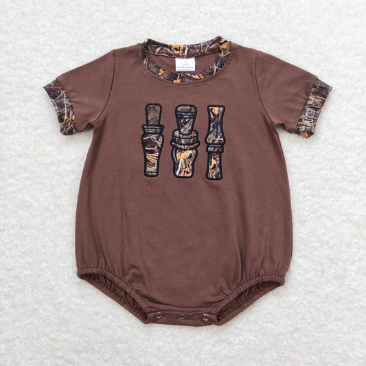 Baby Boy Embroidery Brown Short Sleeves Camo Bubble One Piece Romper