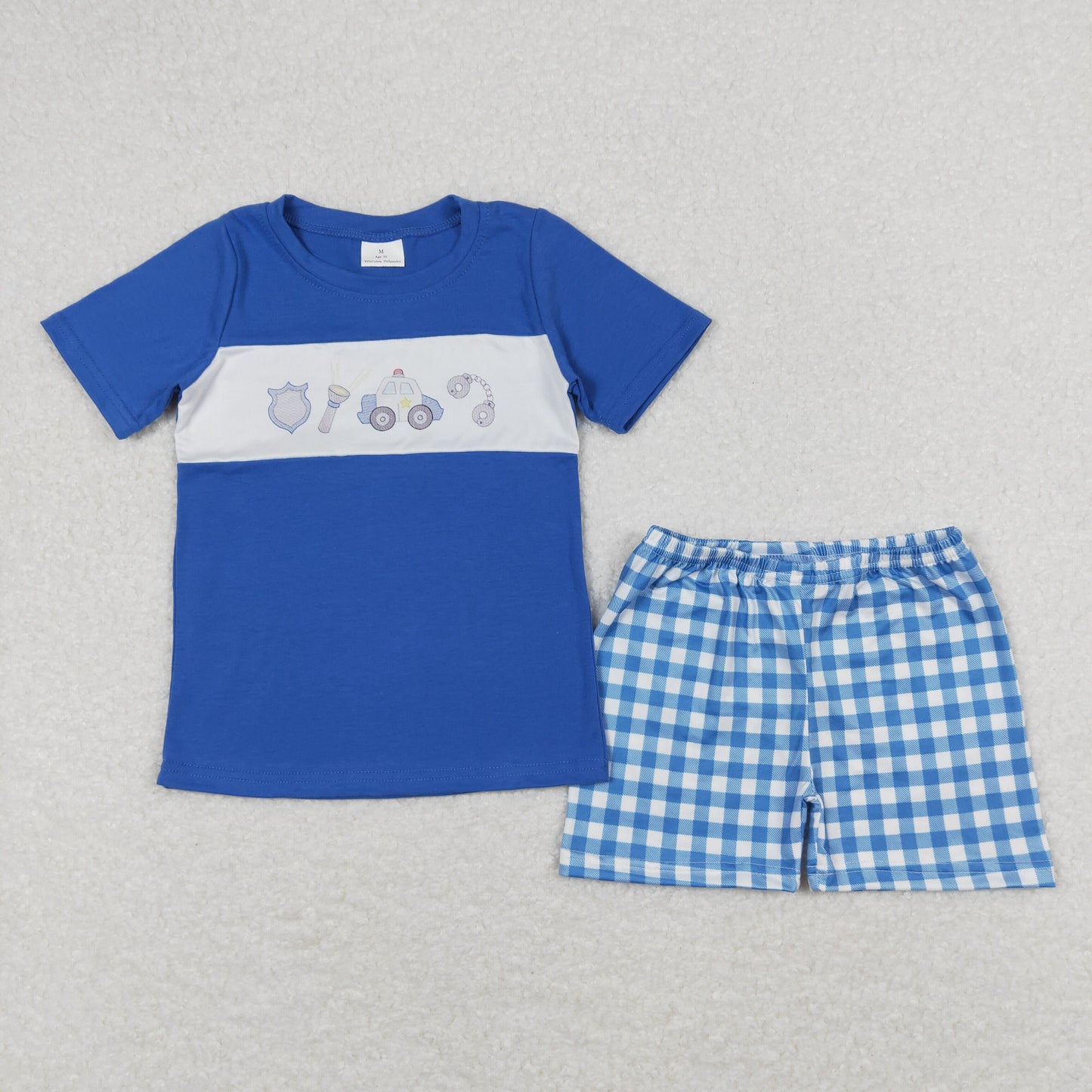 Baby Boy Red Short Sleeves Police Car Shirt Blue Plaid Shorts Set