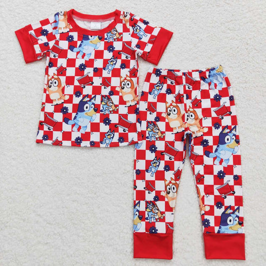 Baby Boy Short Sleeves Dogs Shirt Checkered Pants Red Pajamas Set