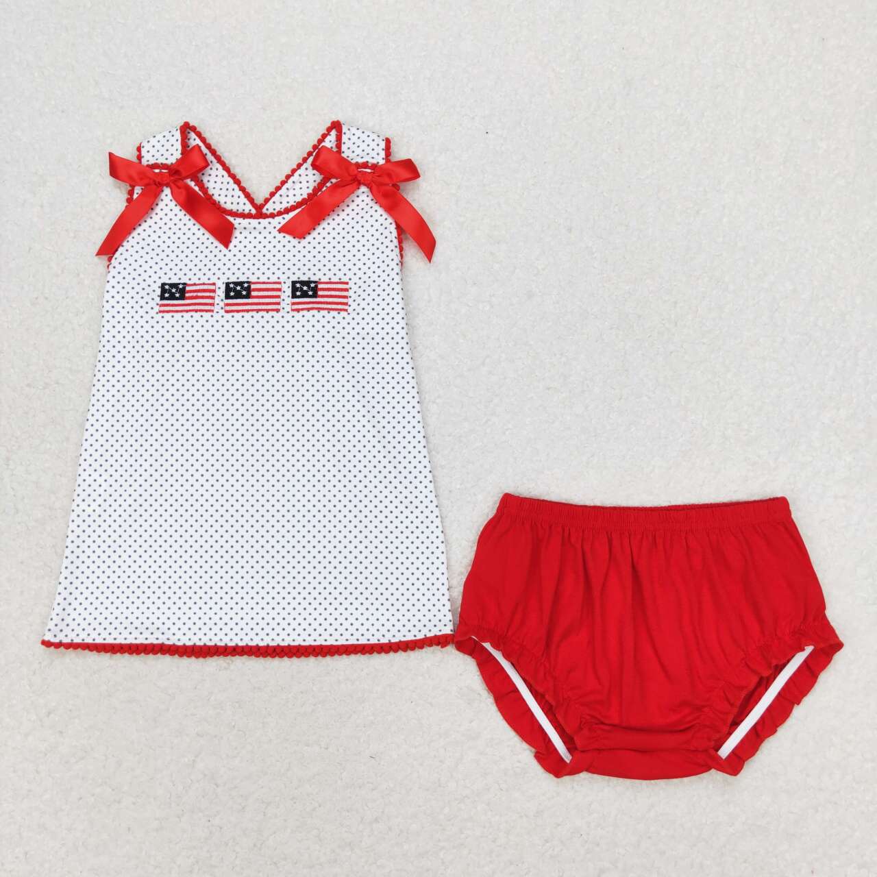 Baby Girl Embroidery July 4th Flags Tops Red Bummie set