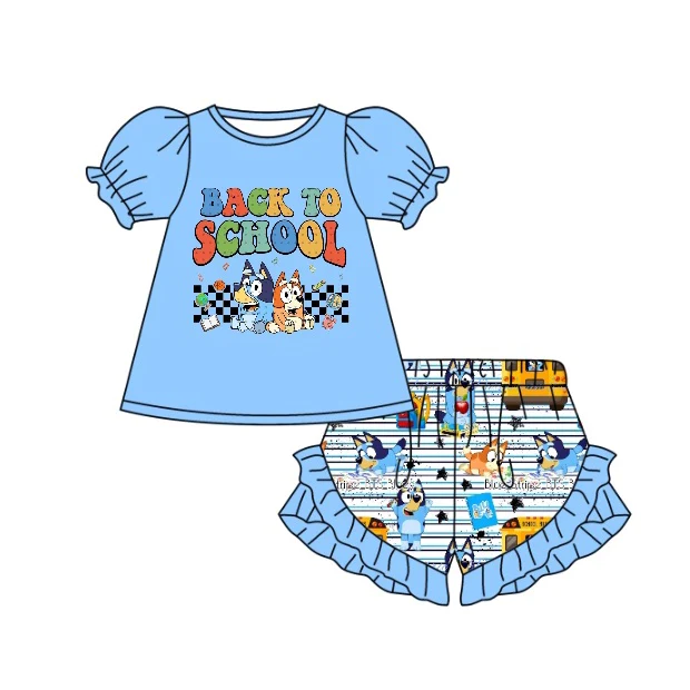 Moq 3 Pre-order GSSO0944 Baby Girl Blue Short Sleeves Shirt Dogs Shorts Summer Back To School Set