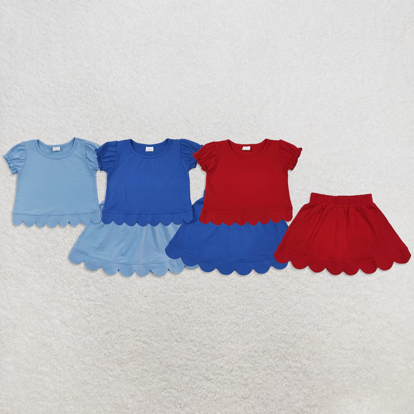 Sibling Baby Girls Kids Short Sleeves Shirts Scallop Skirts Shorts Sets Cotton Clothes RTS