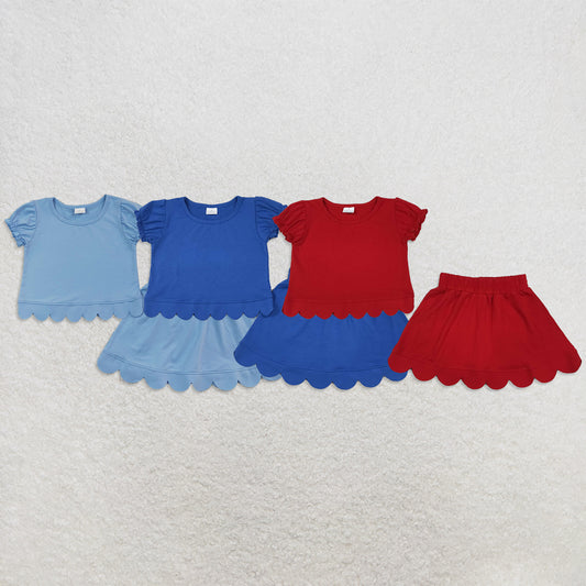 Sibling Baby Girls Kids Short Sleeves Shirts Scallop Skirts Shorts Sets Cotton Clothes RTS