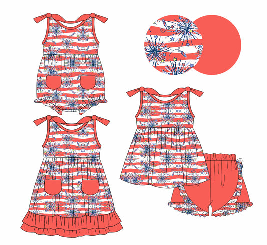 Baby Girl Fireworks July 4th Sibling Romper Dress Set ( Moq 5 Each Style ) 1.13