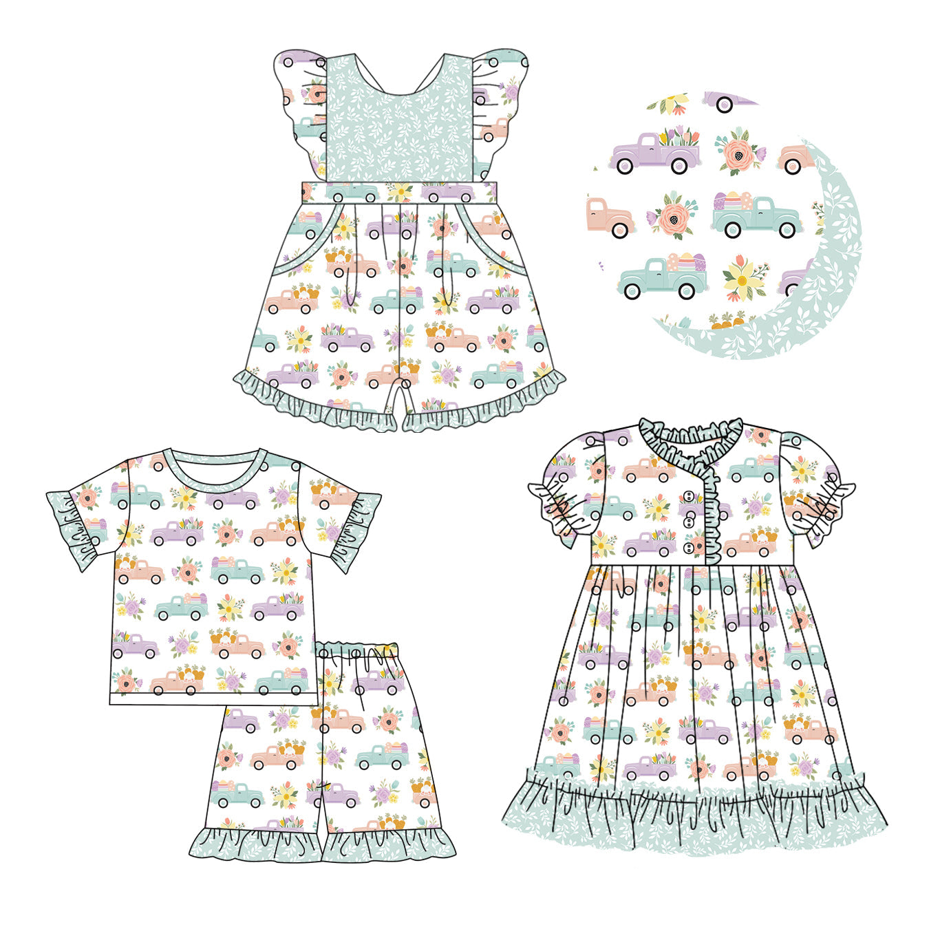 Baby Girl Short Sleeves Flower Car Sibling Jumpsuit Dress Set ( Moq 5 Each Design ) 12.11