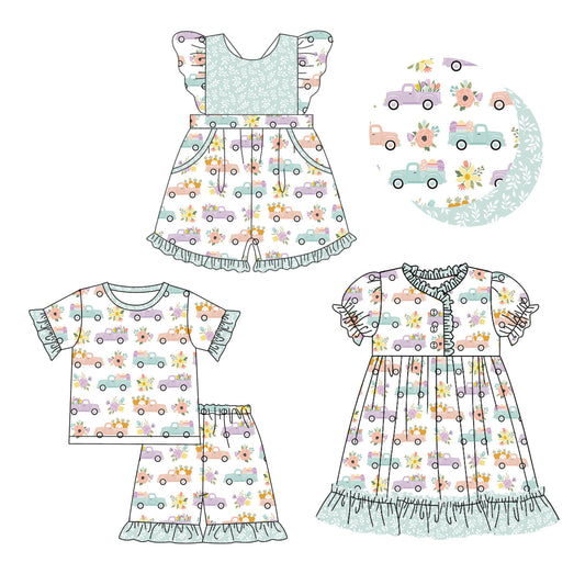 Baby Girl Short Sleeves Flower Car Sibling Jumpsuit Dress Set ( Moq 5 Each Design ) 12.11