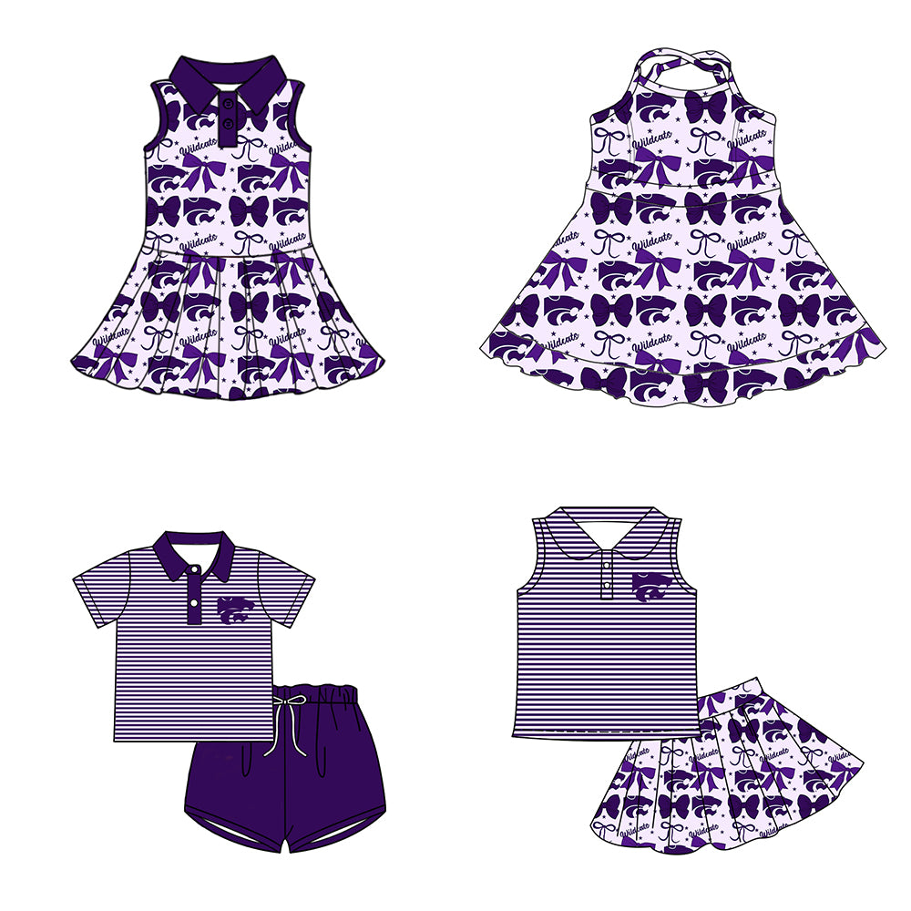 ( Moq 5 each style ) Baby Boy Girl Toddler Team Tigers Purple Bows Sibling Shirt Dress Set