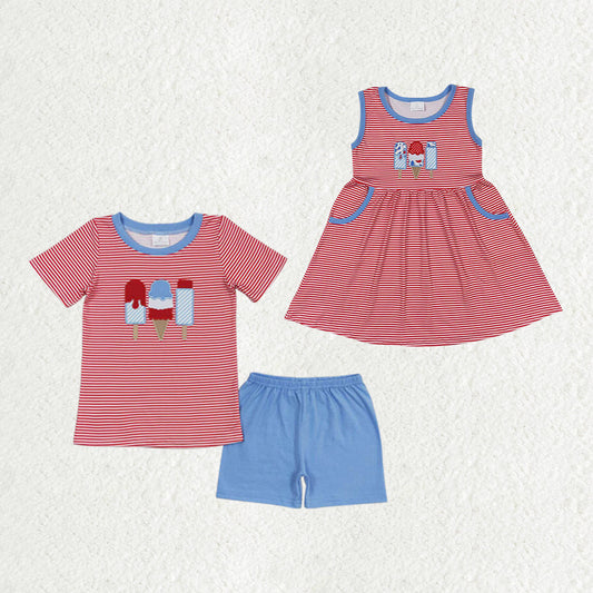 Baby Boy Girl Sibling Embroidery Popstick 4th Of July Dress Set