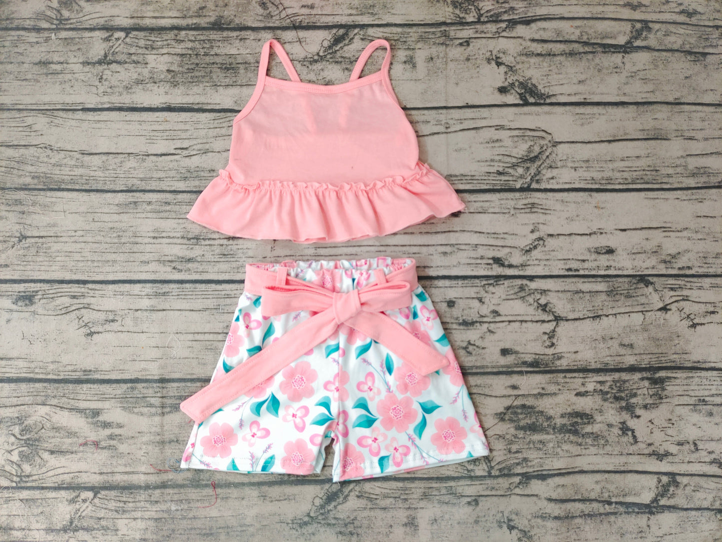 Promotion Baby Girl Halter Tops Floral Belt Shorts Summer Outfit