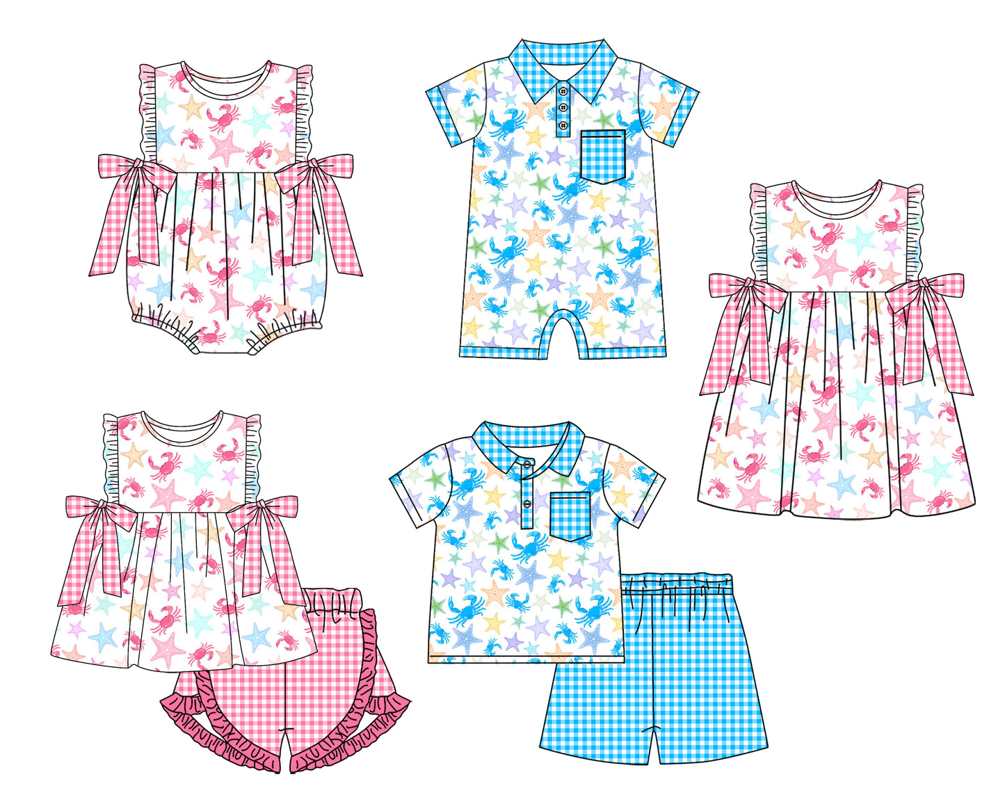 Baby Boy Girl Short Sleeves Crabs Stars Sibling Dress Romper Clothes Set ( Moq 5 Each style )12.3