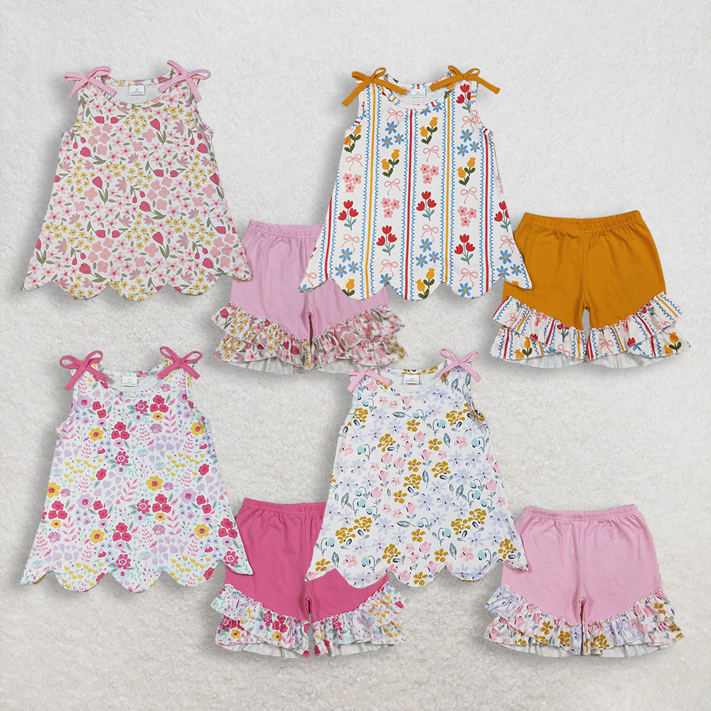 Sibling Baby Girls Kids Bows Flower Scallop Tops Ruffle Shorts Summer Sets Clothes RTS