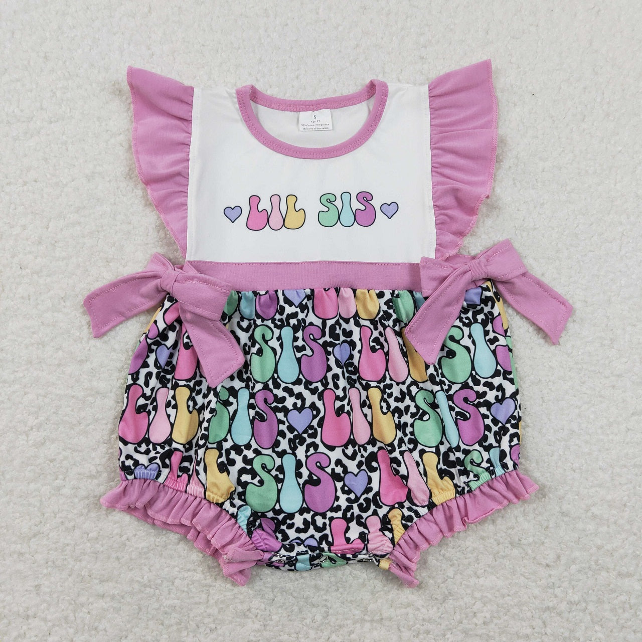 SR0867 Baby Girl Short Sleeves Little Sister Leopard Purple One Piece Romper