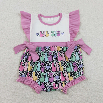 SR0867 Baby Girl Short Sleeves Little Sister Leopard Purple One Piece Romper