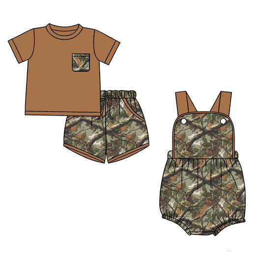 ( Moq 5 Each Style ) Baby Boys Kids Toddler Leaves Camo Sibling Brown Romper Set