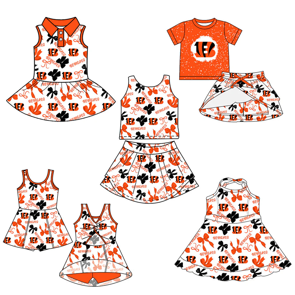 ( Moq 5 each style ) Baby Girl Toddler B Team Orange Bows Sibling Skort Dress Set 6.11