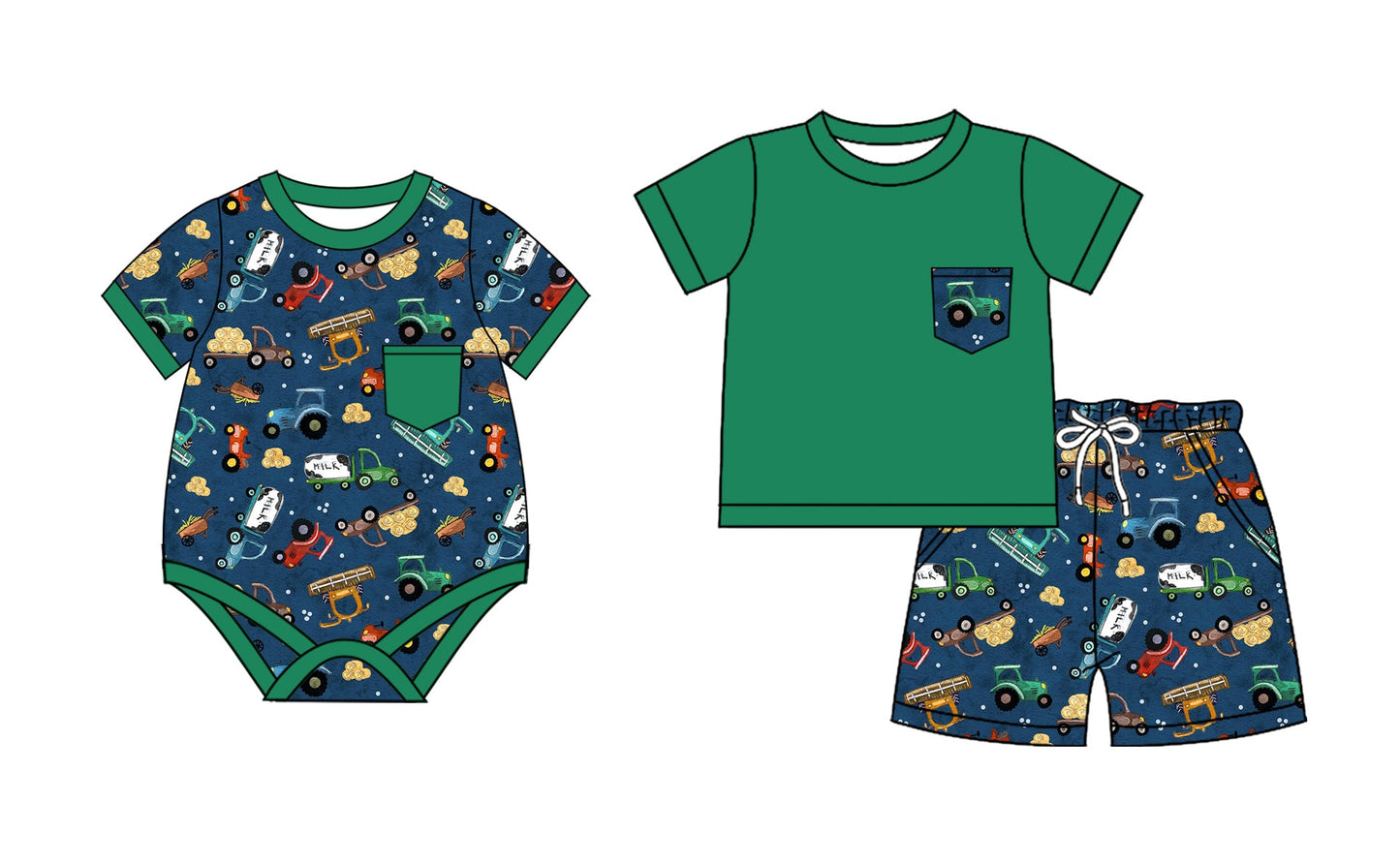 Baby Boy Farm Tractors Green Sibling Romper Set ( Moq 5 Each Style ) 2.15