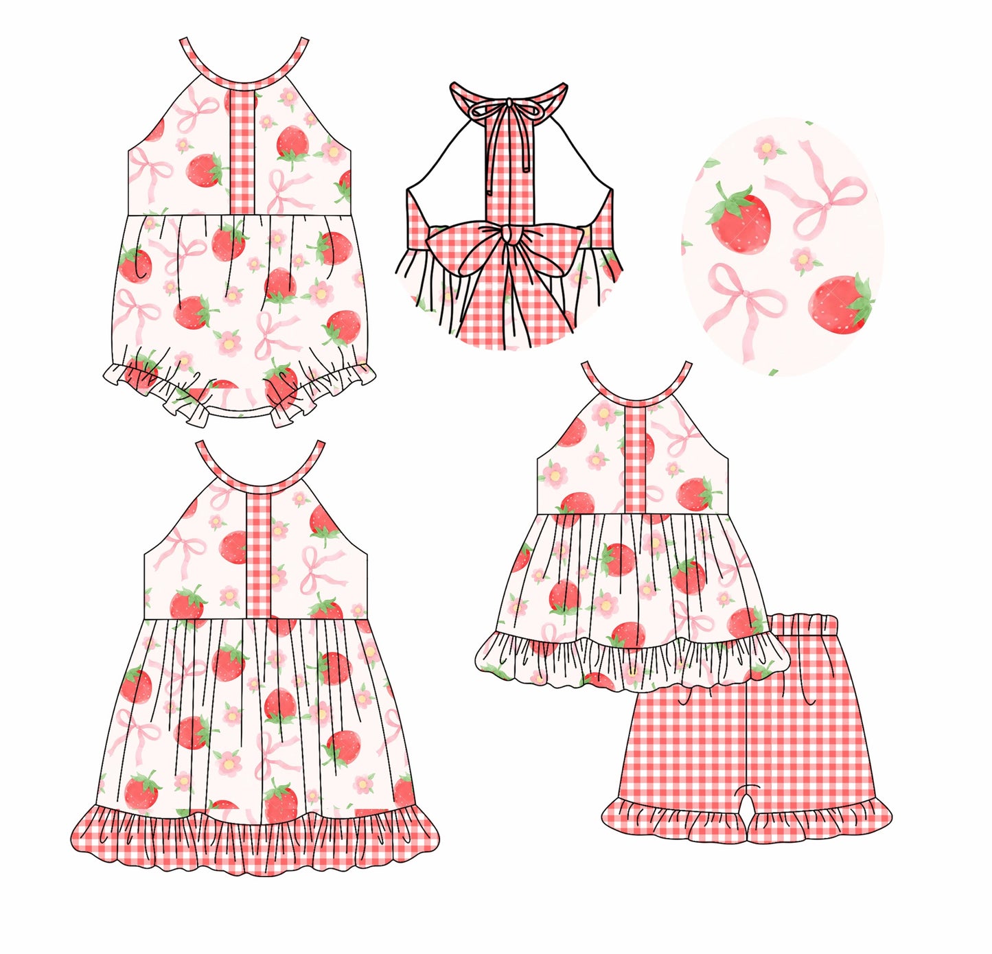 Baby Girl Halter Strawberry Bows Sibling Romper Dress Set ( Moq 5 Each Style ) 2.20
