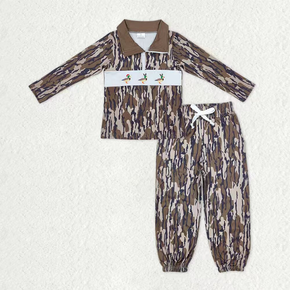 Baby Boys Long Sleeves Embroidery Ducks Christmas Shirt Pockets Jogger Pants Camo Clothes Set