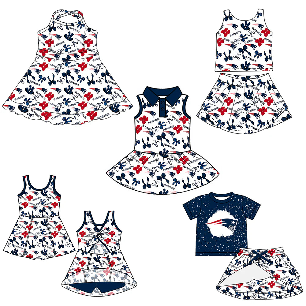 ( Moq 5 each style ) Baby Girl Toddler Team Red Blue Bows Sibling Skort Dress Set 6.4