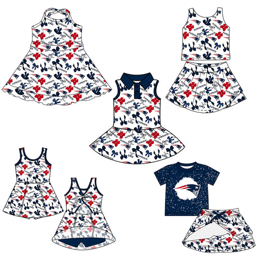 ( Moq 5 each style ) Baby Girl Toddler Team Red Blue Bows Sibling Skort Dress Set 6.4