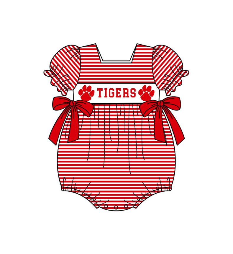( Moq 5 ) Baby Girls Kids Short Sleeves Tigers Stripes Bows Team Romper