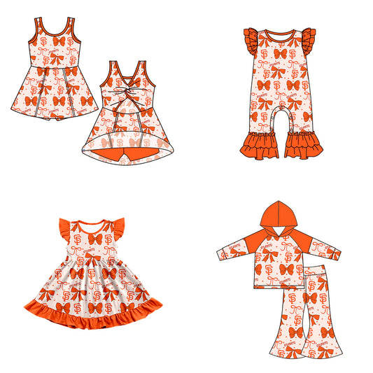 ( Moq 5 each style ) Baby Girl Toddler SF Team Orange Bows Sibling Romper Dress Set 6.16