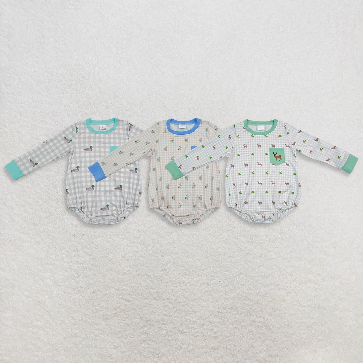 Sibling Baby Boys Long Sleeves Embroidery Ducks Deer Pockets Plaid Bubble Rompers RTS