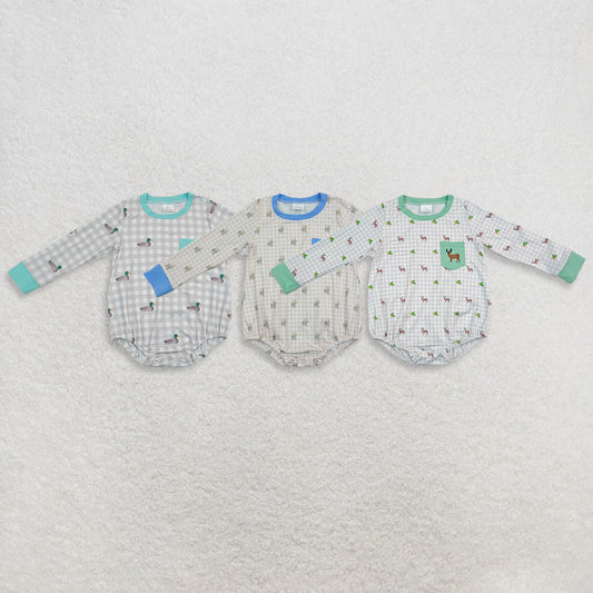Sibling Baby Boys Long Sleeves Embroidery Ducks Deer Pockets Plaid Bubble Rompers RTS