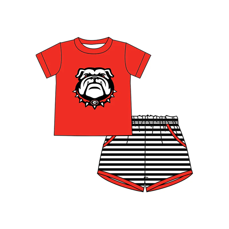 ( Moq 5 ) Baby Boys Red Short Sleeves Dog Shirt Stripes Pockets Shorts Team Clothes Set