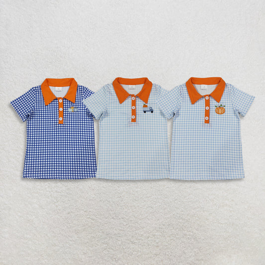 Sibling Baby Boys Kids Embroidery Pumpkins Buttons Plaid Shirts Kids Thanksgiving Clothes RTS