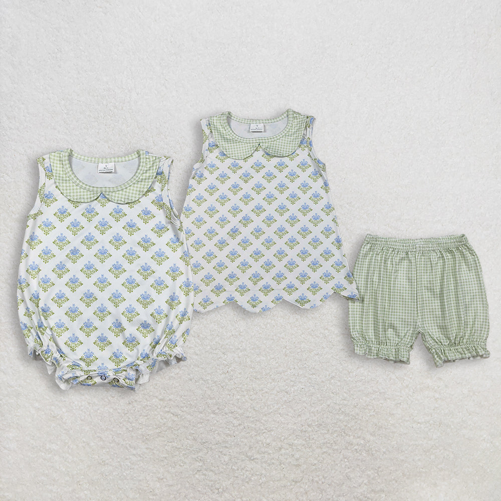 Sibling Baby Girls Kids Sleeveless Flower Scallop Tops Plaid Shorts Set Romper RTS