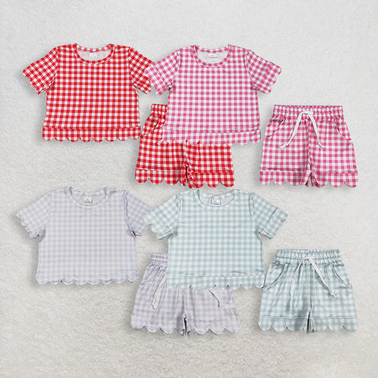 Sibling Baby Girls Kids Short Sleeves Plaid Shirts Scallop Shorts Sets Summer Clothes RTS