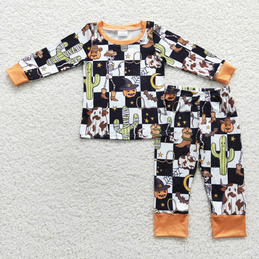 BLP0207 Baby Boy Halloween Pumpkin Checkered Long Sleeves Cow Ghost Cactus Shirt Pants Outfit Pajamas