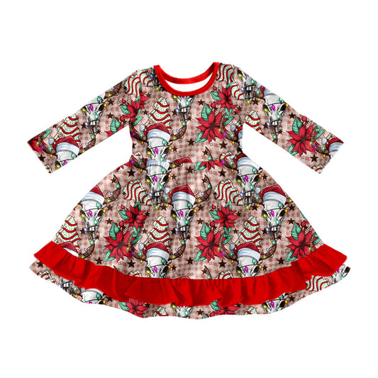 Baby Girl Long Sleeves Christmas Lights Cake Cow Flower Dress