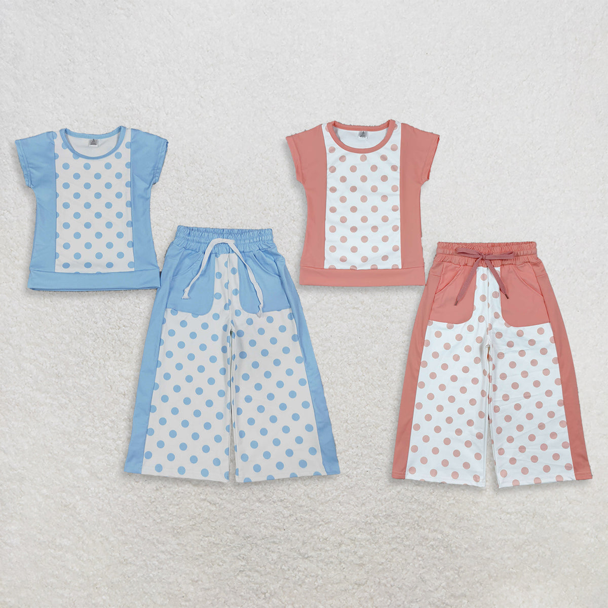 Sibling Baby Girl Kids Short Sleeves Dots Shirts Pockets Pants Sets Yoga Active Clothes RTS