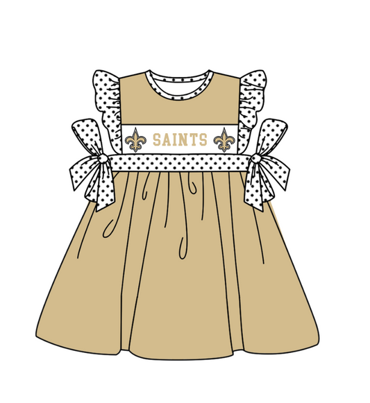 ( Moq 5 ) Baby Girls Toddler Dots Short Sleeves Bows Team Khaki Knee Length Dress