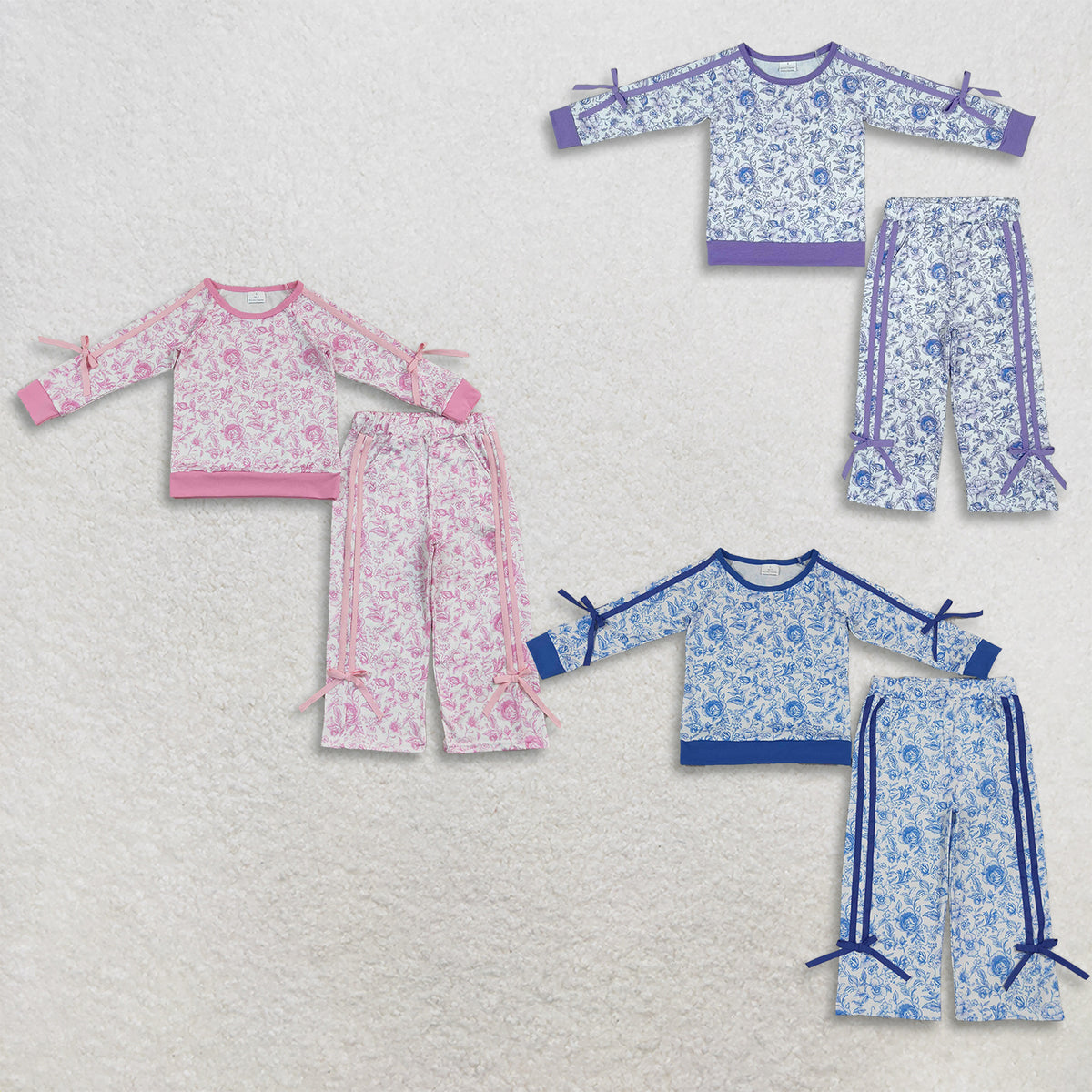 Sibling Baby Girls Kids Bows Long Sleeves Flowers Shirts Bows Pockets Pants Sets Clothes RTS