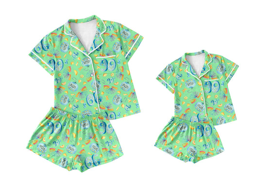 Baby Girl Toddler Adult Women Short Sleeves Green Shorts Sibling Family Shorts Pajamas Set ( Moq 5 Each Style ) 12.10