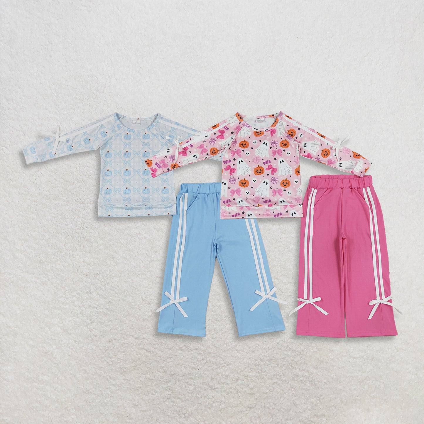 Sibling Baby Girls Kids Ghosts Pumpkins Bows Shirts Pockets Pants Sets Fall Clothes RTS