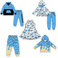 ( Moq 5 each style ) Baby Boy Girl Team Cheer Sibling Shirt Blue Bows Dress Set 8.18