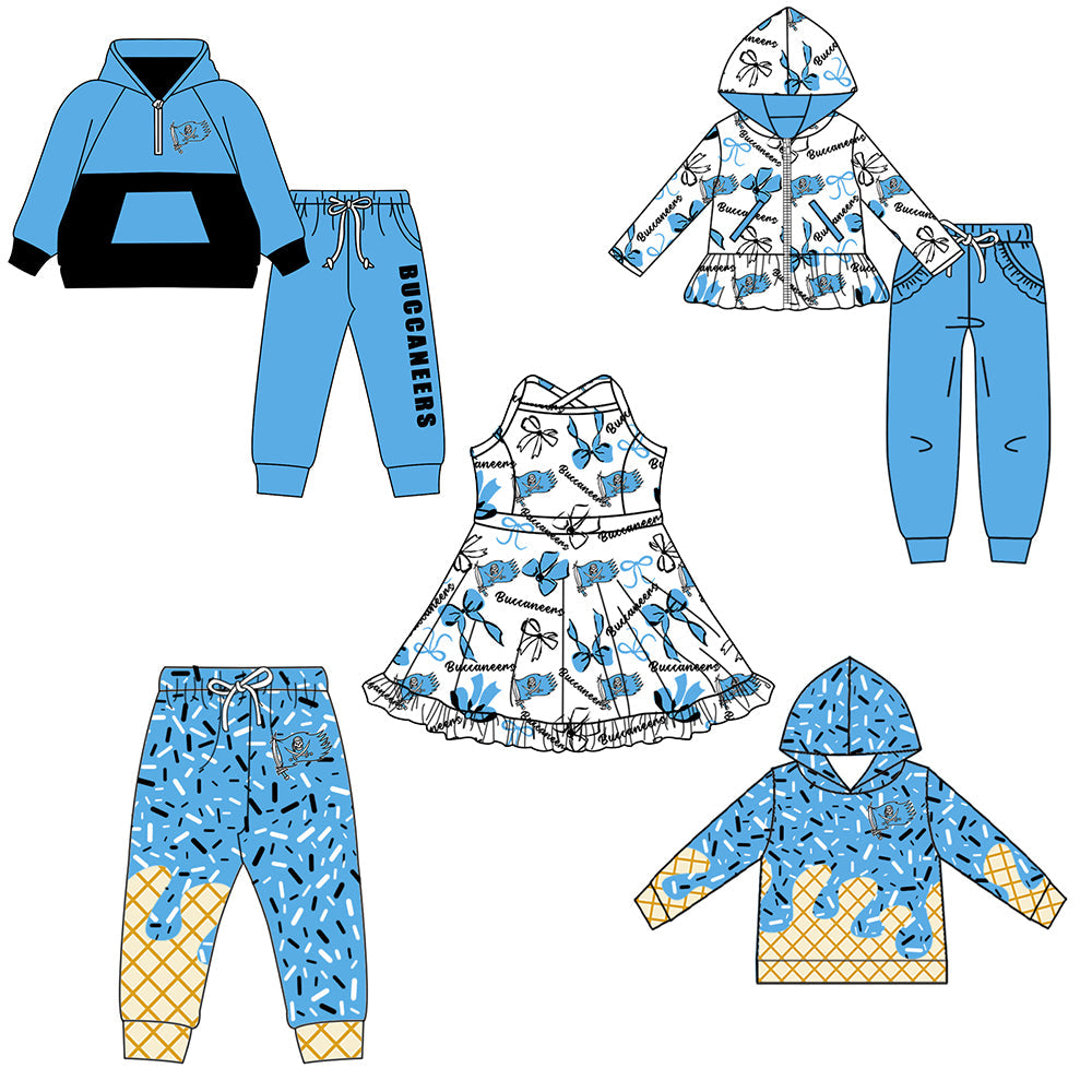 ( Moq 5 each style ) Baby Boy Girl Team Cheer Sibling Shirt Blue Bows Dress Set 8.18