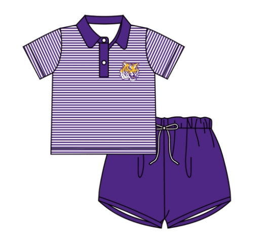 Baby Boy Short Sleeves Tiger Team Stripes Shirt Purple Shorts Clothes Set ( Moq 5 )