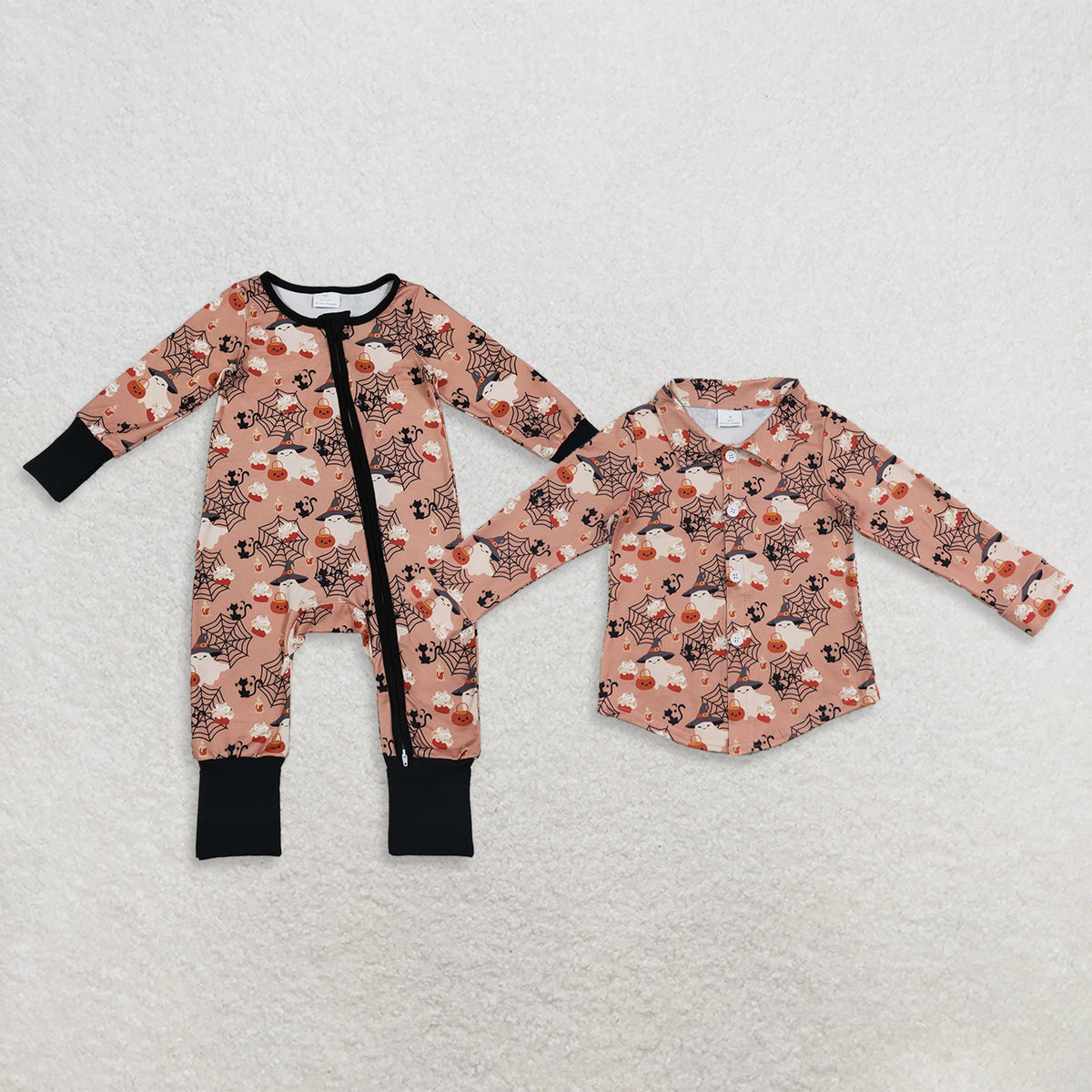 Sibling Baby Boys Kids Long Sleeves Halloween Pumpkins Ghosts Zip Romper Buttons Shirt Clothes RTS