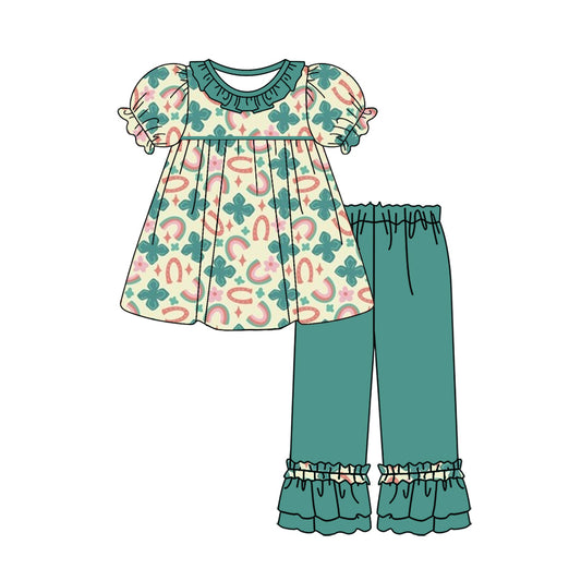 Baby Girl Short Sleeves Clover Rainbow St. Patrick's Day Tops Green Pants Set Moq 5